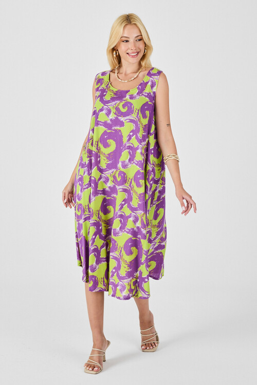 Mor U Yaka Kolsuz Asimetrik Kesim Midi Boy Elbise BCVL-254017