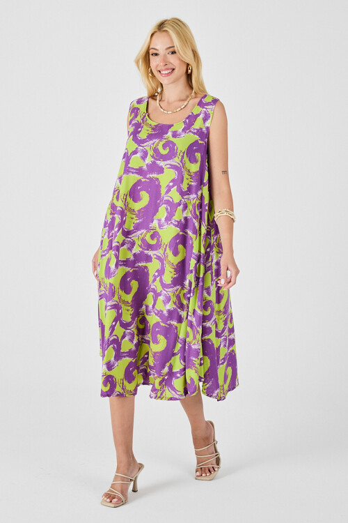 Mor U Yaka Kolsuz Asimetrik Kesim Midi Boy Elbise BCVL-254017