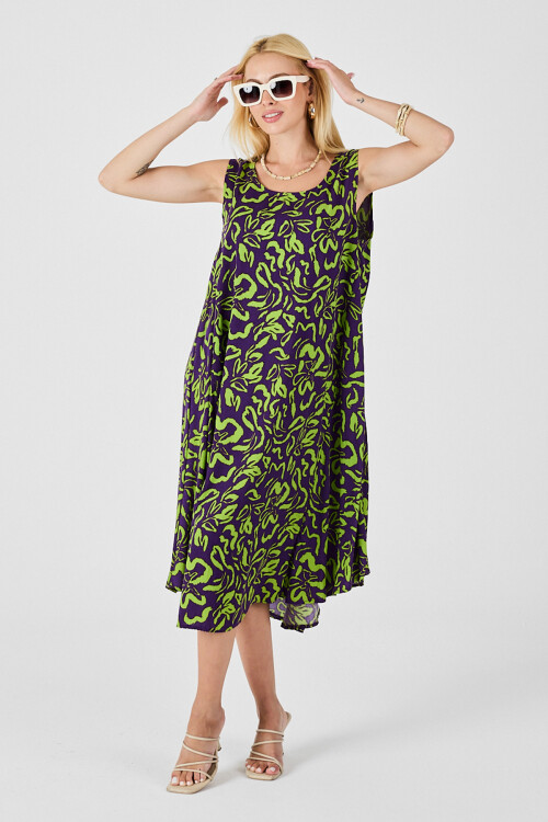 Mor U Yaka Kolsuz Eteği Asimetrik Kesim Desenli Midi Boy Elbise BCVL-254016