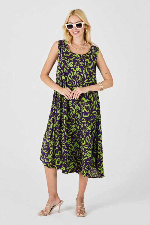 Mor U Yaka Kolsuz Eteği Asimetrik Kesim Desenli Midi Boy Elbise BCVL-254016