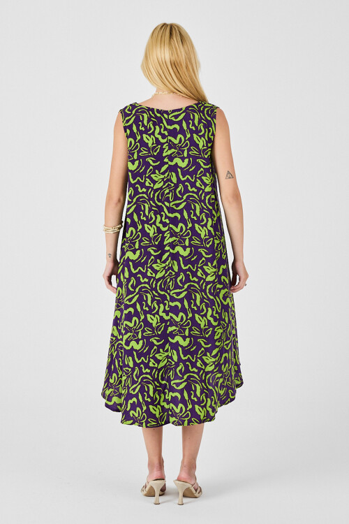 Mor U Yaka Kolsuz Eteği Asimetrik Kesim Desenli Midi Boy Elbise BCVL-254016