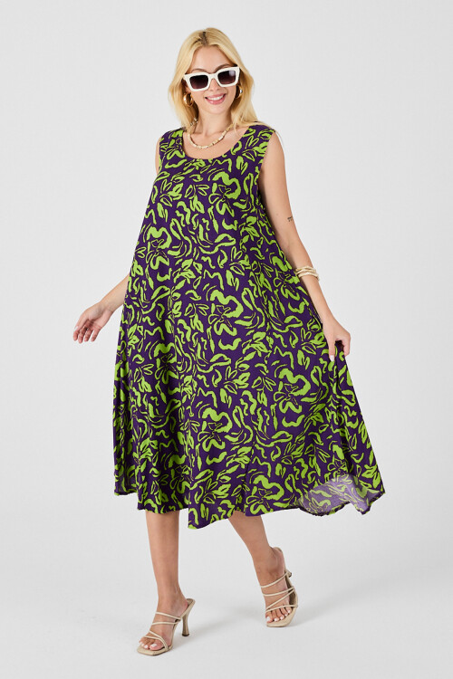 Mor U Yaka Kolsuz Eteği Asimetrik Kesim Desenli Midi Boy Elbise BCVL-254016