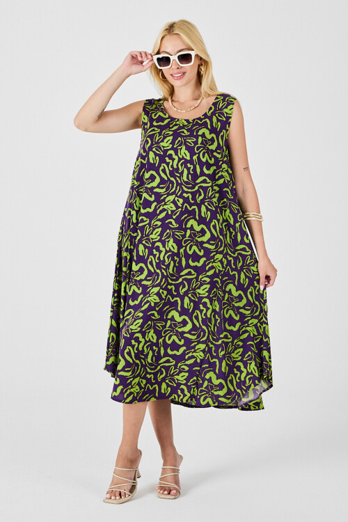 Mor U Yaka Kolsuz Eteği Asimetrik Kesim Desenli Midi Boy Elbise BCVL-254016