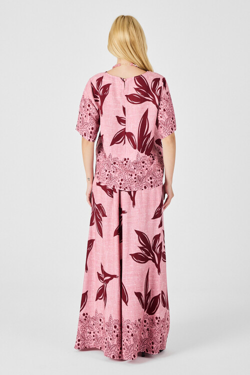 Mürdüm-Çiçek Yaprak Desenli Oversize Bluz Ve Bol Paça Pantolon Takım BCVL-254029