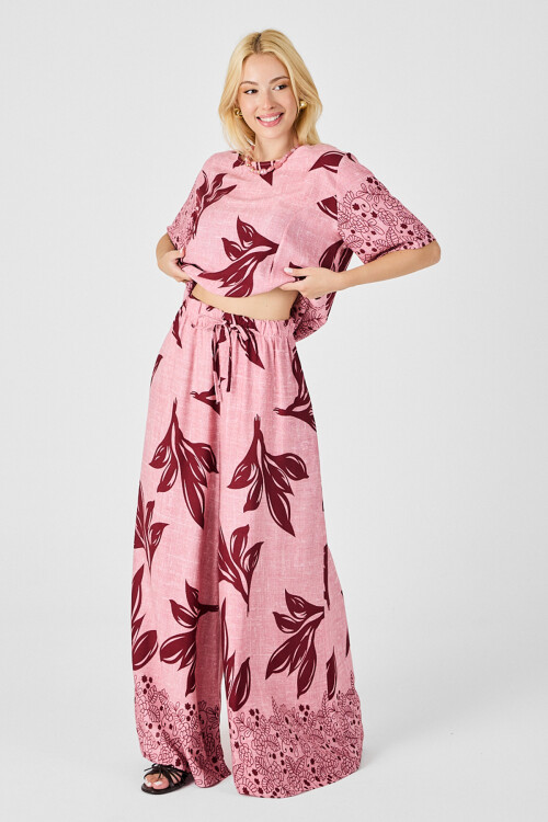 Mürdüm-Çiçek Yaprak Desenli Oversize Bluz Ve Bol Paça Pantolon Takım BCVL-254029