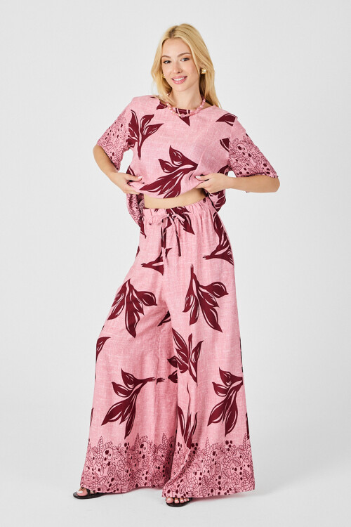 Mürdüm-Çiçek Yaprak Desenli Oversize Bluz Ve Bol Paça Pantolon Takım BCVL-254029