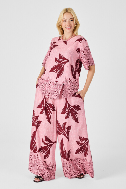 Mürdüm-Çiçek Yaprak Desenli Oversize Bluz Ve Bol Paça Pantolon Takım BCVL-254029