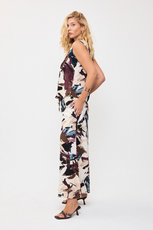 Mürdüm Desenli Kolsuz Bluz Ve Geniş Paça Pantolon Dokuma Alt Üst Takım BCVL-25V201