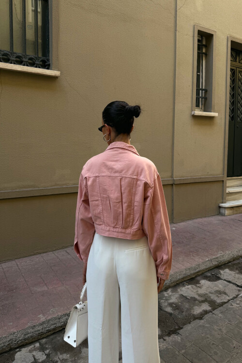 Pembe Çift Cep Denim Crop Ceket BCDF-255419