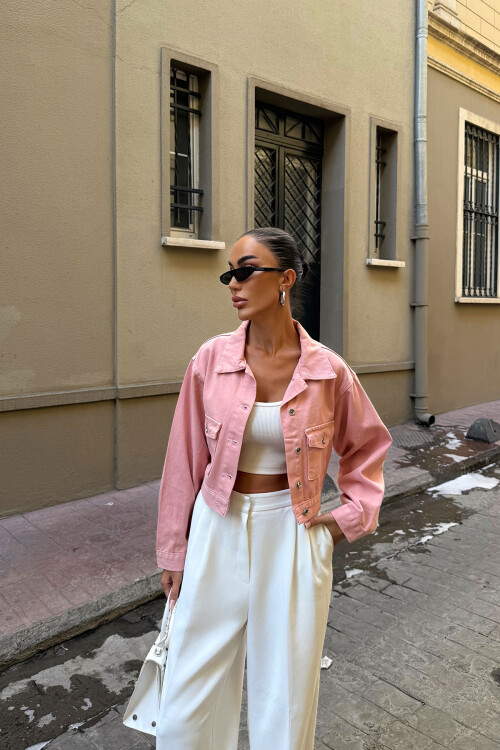 Pembe Çift Cep Denim Crop Ceket BCDF-255419