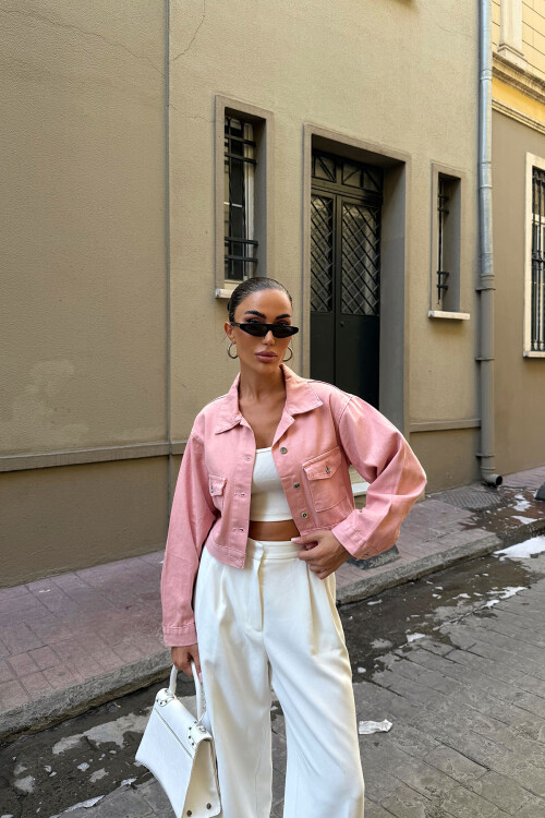 Pembe Çift Cep Denim Crop Ceket BCDF-255419