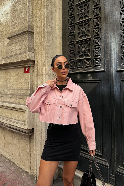 Pembe Çift Cepli Lazer Kesim Yıkamalı Crop Denim Ceket BCDF-235408