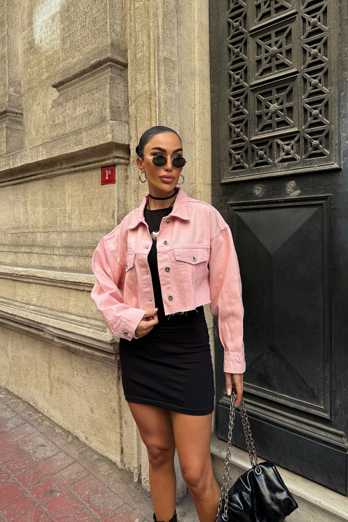 Pembe Çift Cepli Lazer Kesim Yıkamalı Crop Denim Ceket BCDF-235408