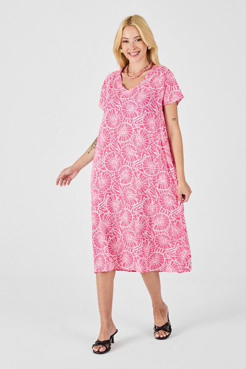 Pembe Derin V Yaka Kısa Kollu Çizgi Desenli Midi Boy Elbise BCVL-254004