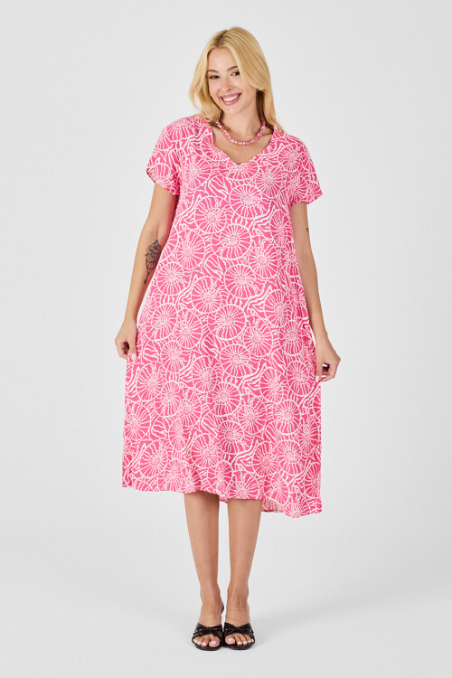 Pembe Derin V Yaka Kısa Kollu Çizgi Desenli Midi Boy Elbise BCVL-254004