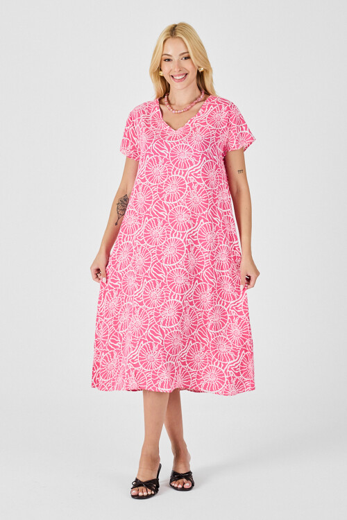 Pembe Derin V Yaka Kısa Kollu Çizgi Desenli Midi Boy Elbise BCVL-254004