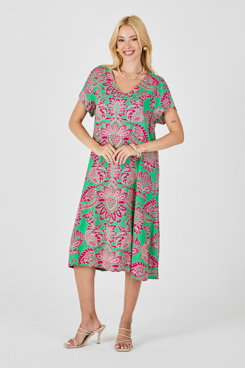 Pembe Desenli V Yaka Kısa Kollu Midi Boy Elbise BCVL-254015