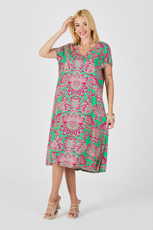 Pembe Desenli V Yaka Kısa Kollu Midi Boy Elbise BCVL-254015