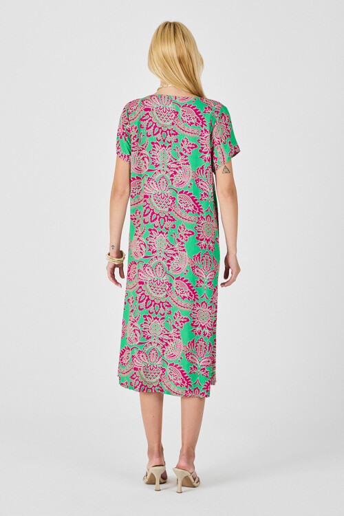 Pembe Desenli V Yaka Kısa Kollu Midi Boy Elbise BCVL-254015