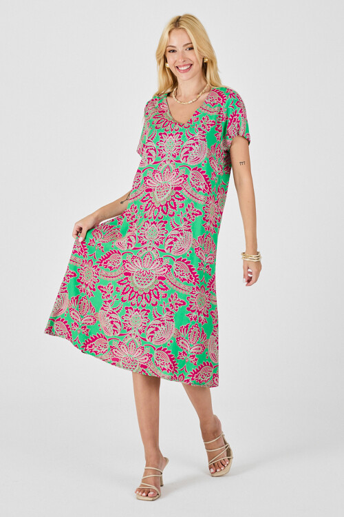 Pembe Desenli V Yaka Kısa Kollu Midi Boy Elbise BCVL-254015