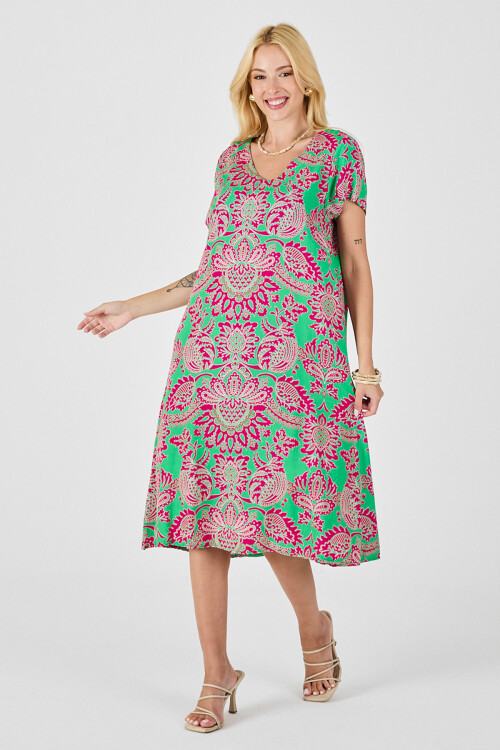 Pembe Desenli V Yaka Kısa Kollu Midi Boy Elbise BCVL-254015