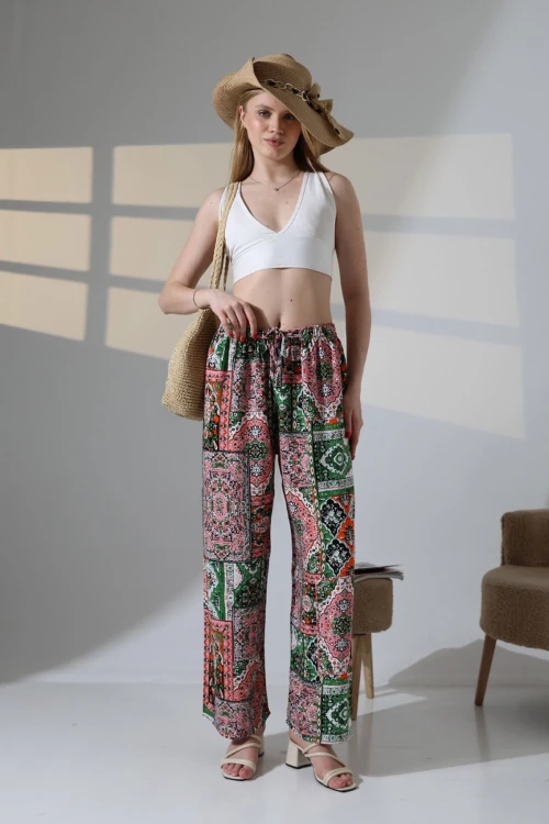 Pembe Etnik Desenli Viscon Yazlık Dokuma Pantolon BCBT-251009