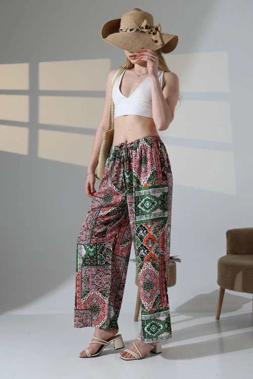 Pembe Etnik Desenli Viscon Yazlık Dokuma Pantolon BCBT-251009