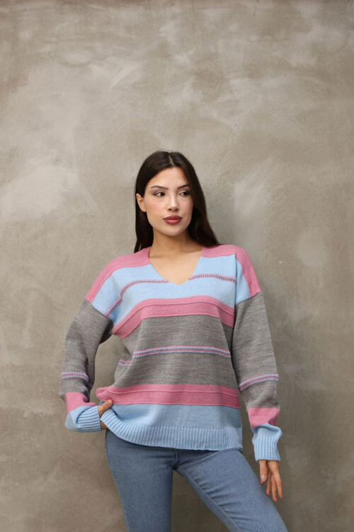 Pembe V Yaka Çizgi Bloklu Triko Kazak BCES-252018