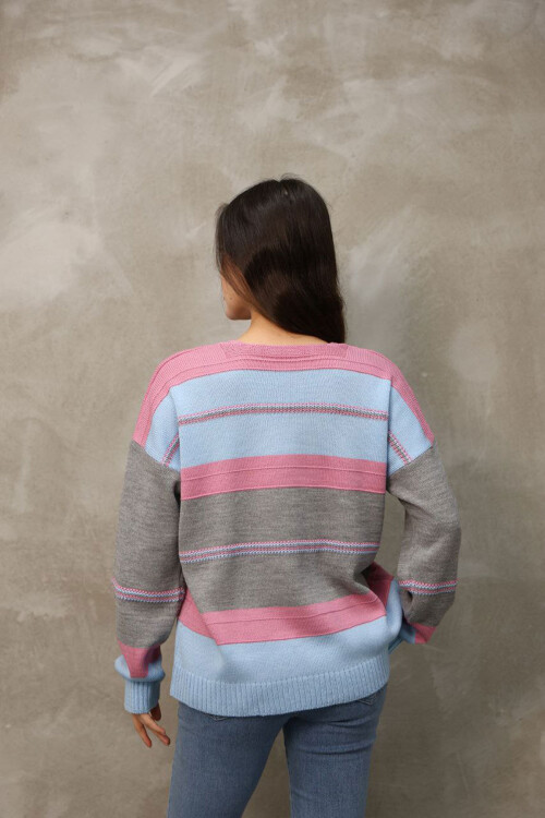 Pembe V Yaka Çizgi Bloklu Triko Kazak BCES-252018