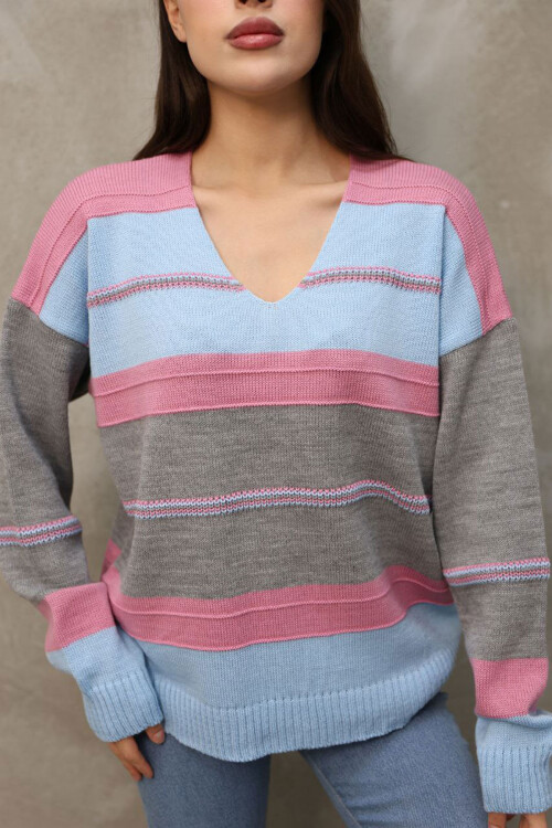 Pembe V Yaka Çizgi Bloklu Triko Kazak BCES-252018