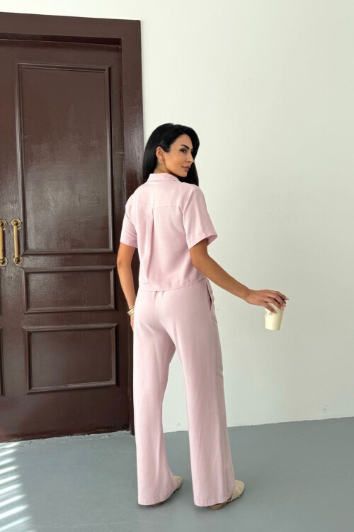 Pudra Pembe Beli Lastikli Pantolon Ve Kısa Kol Gömlek Pamuk Keten Alt Üst Takım