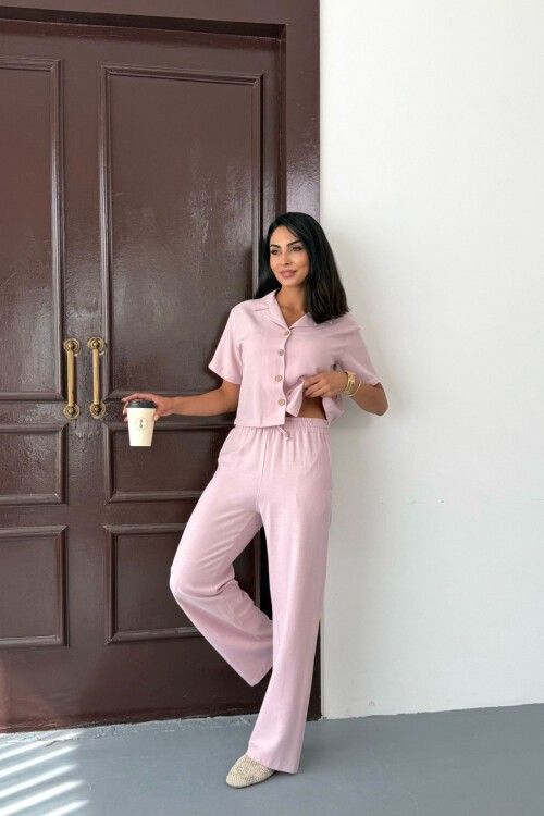 Pudra Pembe Beli Lastikli Pantolon Ve Kısa Kol Gömlek Pamuk Keten Alt Üst Takım