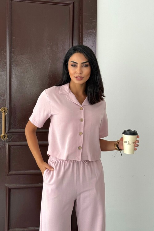 Pudra Pembe Beli Lastikli Pantolon Ve Kısa Kol Gömlek Pamuk Keten Alt Üst Takım