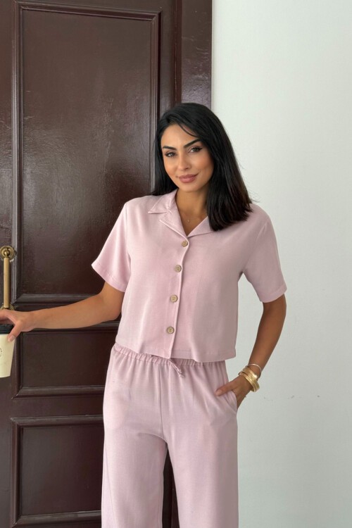 Pudra Pembe Beli Lastikli Pantolon Ve Kısa Kol Gömlek Pamuk Keten Alt Üst Takım
