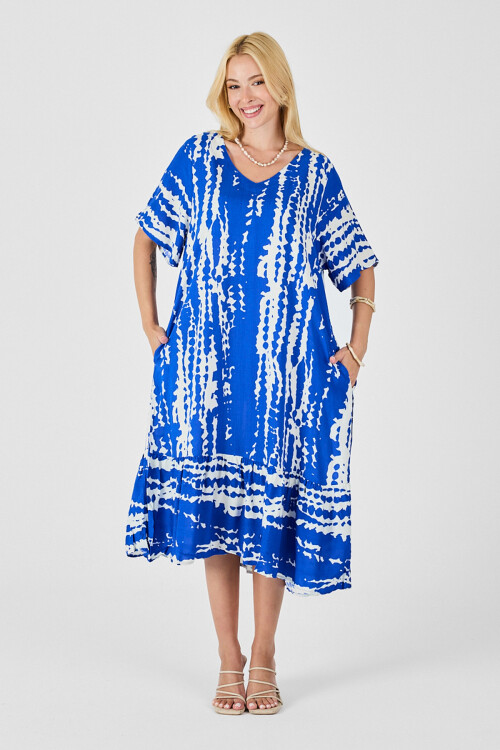 Saks Batik Desenli V Yaka Eteği Volanlı Oversize Elbise BCVL-254023
