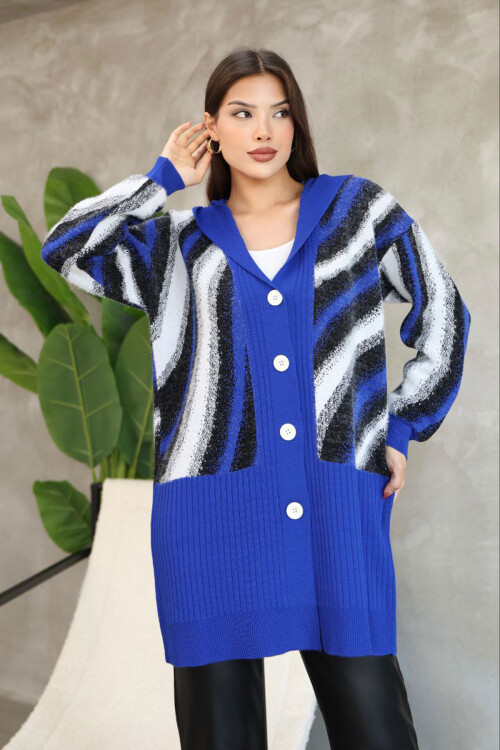 Saks Desenli Düğme Detaylı Triko Hırka BCES-252025