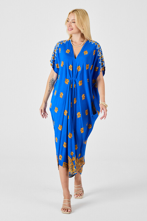 Saks Desenli V Yaka Salaş Kesim Kaftan Elbise BCVL-254024