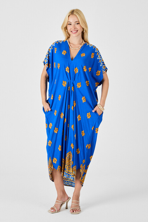 Saks Desenli V Yaka Salaş Kesim Kaftan Elbise BCVL-254024