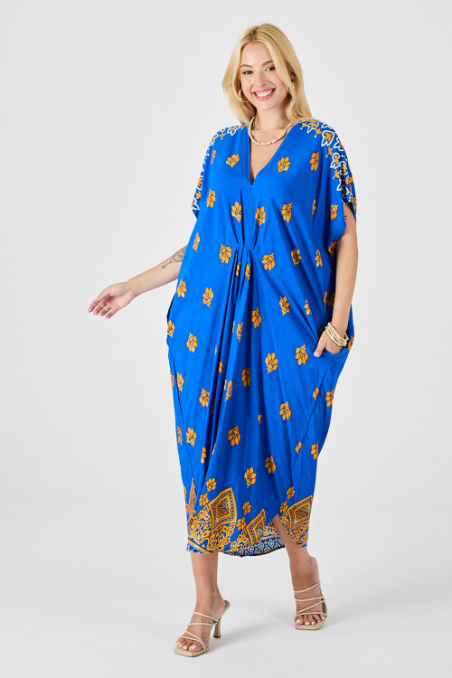 Saks Desenli V Yaka Salaş Kesim Kaftan Elbise BCVL-254024