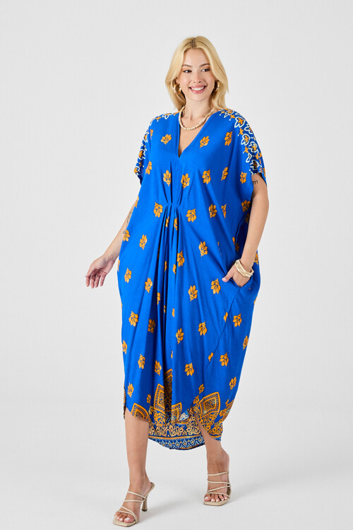 Saks Desenli V Yaka Salaş Kesim Kaftan Elbise BCVL-254024
