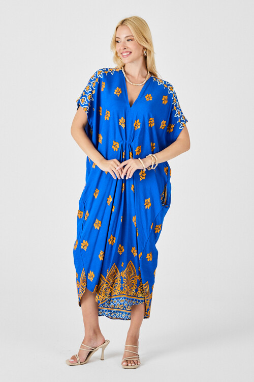 Saks Desenli V Yaka Salaş Kesim Kaftan Elbise BCVL-254024