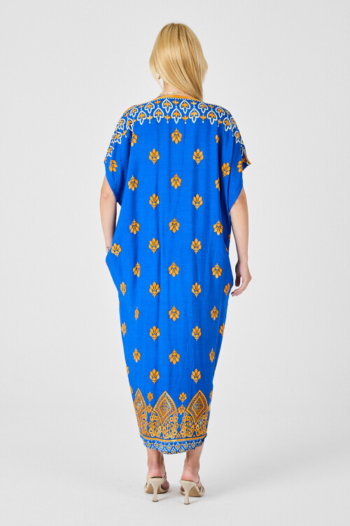 Saks Desenli V Yaka Salaş Kesim Kaftan Elbise BCVL-254024