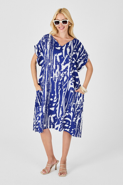 Saks Desenli V Yaka Yarasa Kol Oversize Midi Elbise BCVL-254019