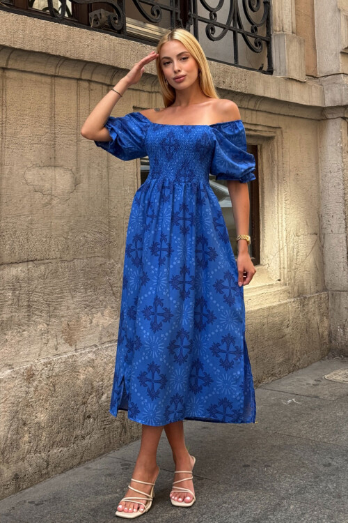 Saks Kare Yaka Beli Çiçek Desenli Dokuma Yazlık Elbise BCVL-25V095-1