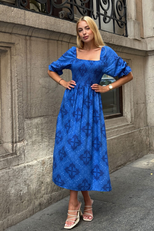 Saks Kare Yaka Beli Çiçek Desenli Dokuma Yazlık Elbise BCVL-25V095-1