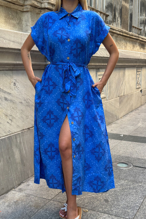 Saks Kendinden Kemerli Desenli Dokuma Yazlık Gömlek Elbise BCVL-25V083