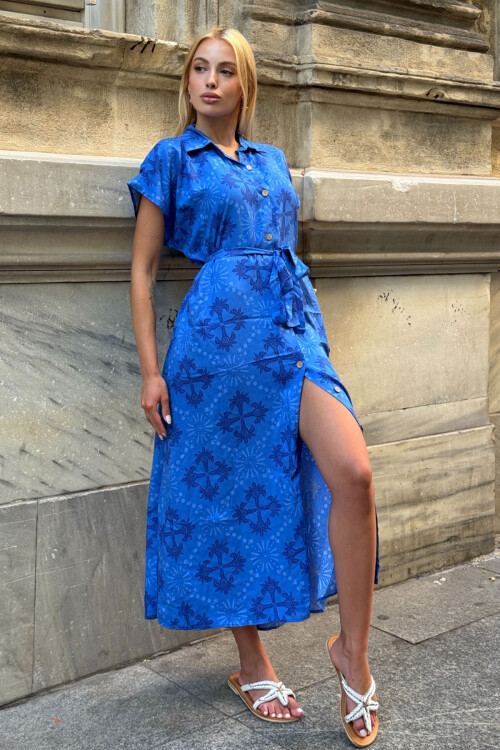 Saks Kendinden Kemerli Desenli Dokuma Yazlık Gömlek Elbise BCVL-25V083