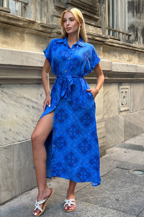 Saks Kendinden Kemerli Desenli Dokuma Yazlık Gömlek Elbise BCVL-25V083