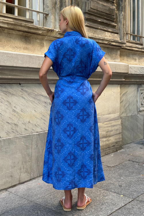 Saks Kendinden Kemerli Desenli Dokuma Yazlık Gömlek Elbise BCVL-25V083