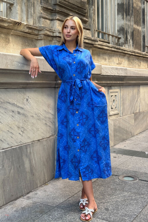 Saks Kendinden Kemerli Desenli Dokuma Yazlık Gömlek Elbise BCVL-25V083